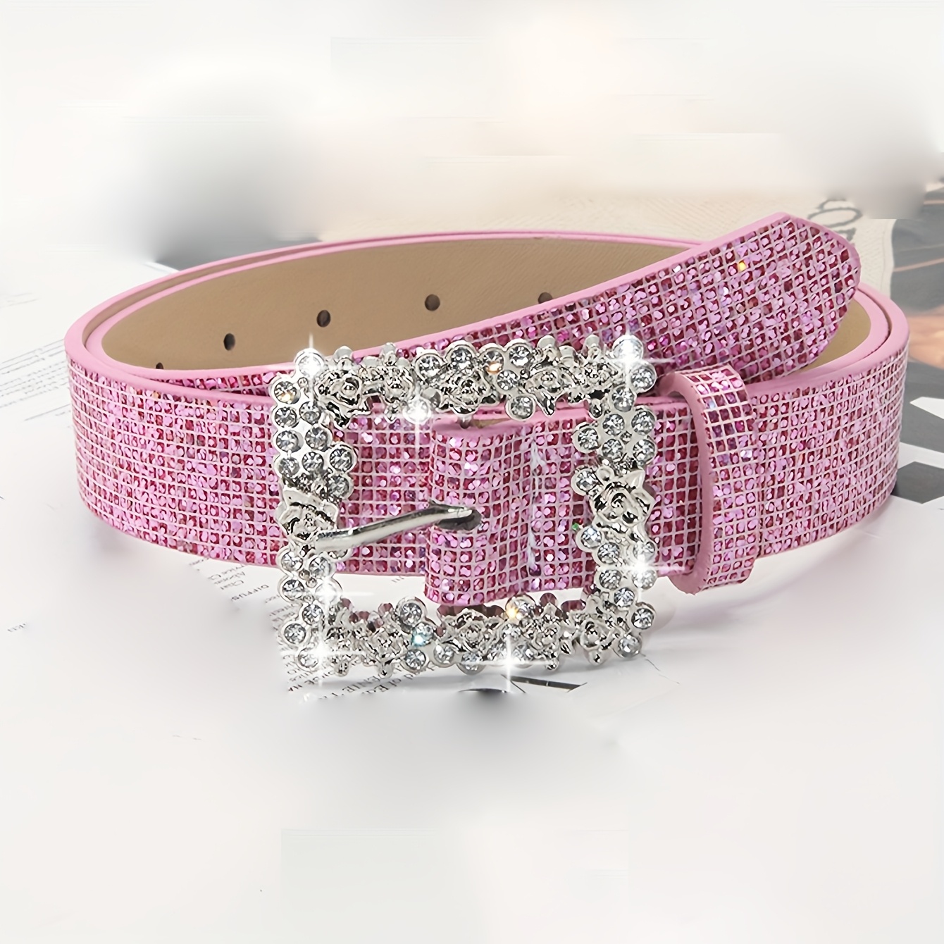 TEMU 1pc Women's Pin Buckle Rhinestone-embedded Sparkly Belt, Elegant Sequined Pu Belt For Casual Outfit Pairing