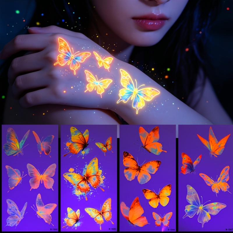 TEMU 4 Sheets Neon Glow Temporary Tattoo Stickers- Design , Fluorescent Glow In The Dark Festival Body Art Stickers With, Night Out, Party Additions