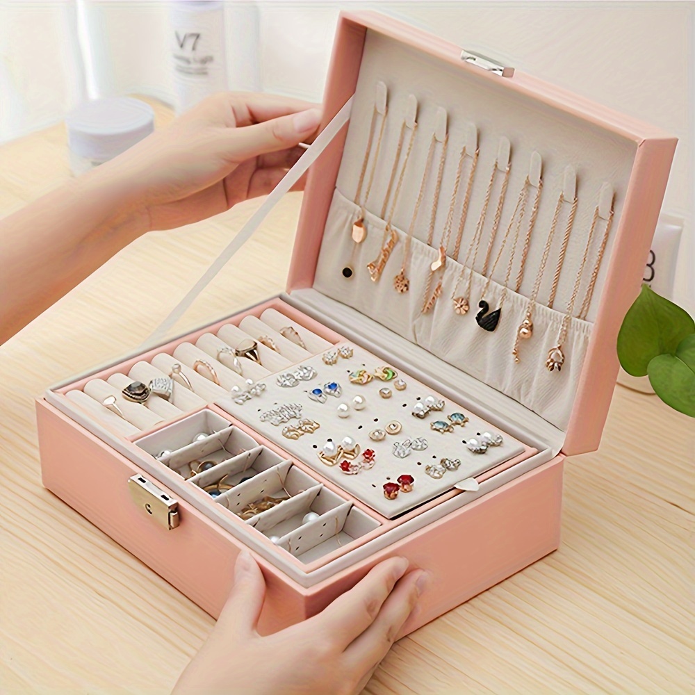 

1 Boîte à bijoux pour femme, grande double couche en cuir PU, boîte de rangement pour bijoux, boucles d'oreilles, bracelets et , cadeau pour maman ou petite , cadeau de Saint-Valentin