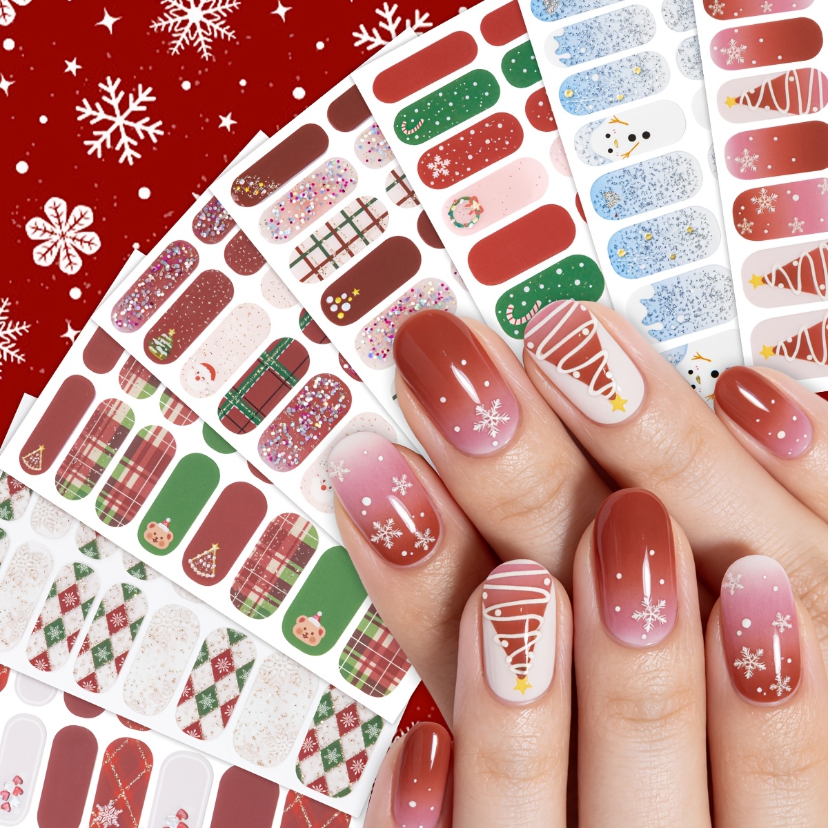 TEMU 8pcs Christmas Glitter Nail Art Stickers, Winter Cute Checked Reindeer Snowflakes And Snowmen Self-adhesive Full Nail Wraps For Women Christmas