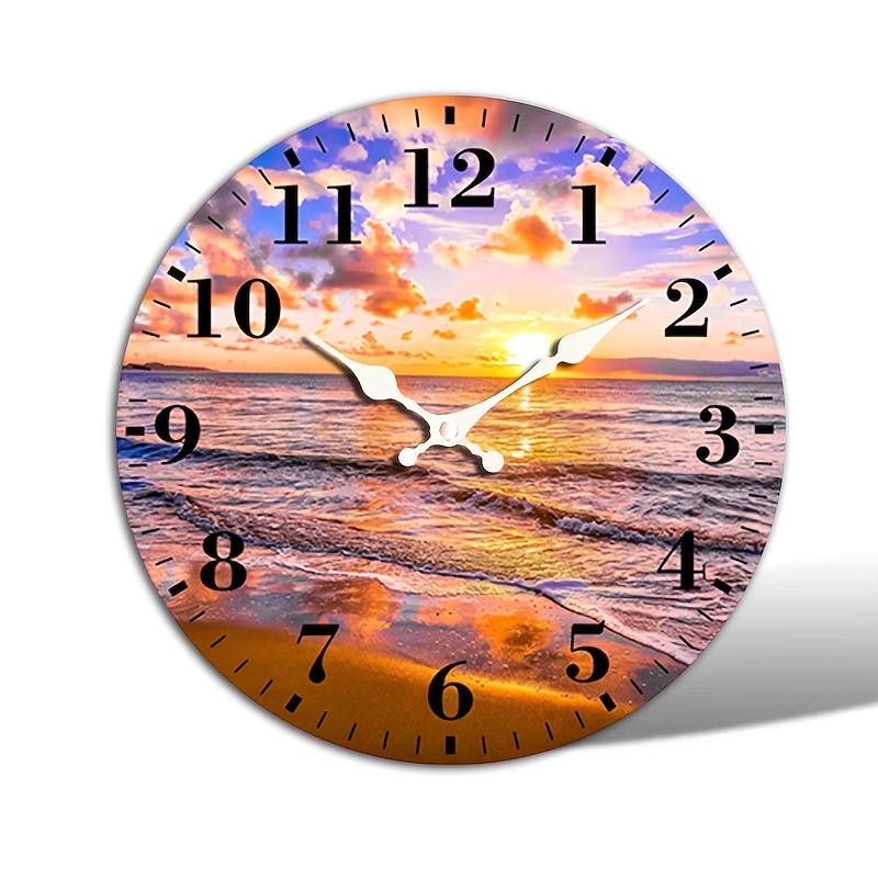 TEMU A Round Wall Clock, Seaside Sunset Clock, Silent Non-ticking, Back-to- Gift, Suitable For Home Decor And Gifting, Aa Battery Not Included