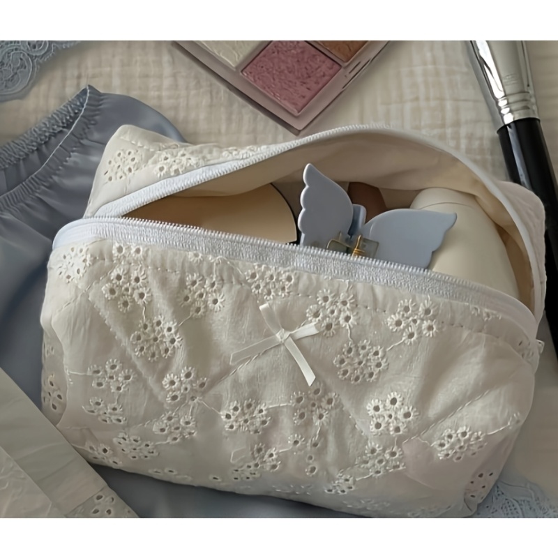 TEMU Women's Lace Hollow-out Embroidered Bow Makeup Bag With Zipper Closure - Suitable For Travel, Daily Use, , Portable Toiletry Bag, Hollow-out