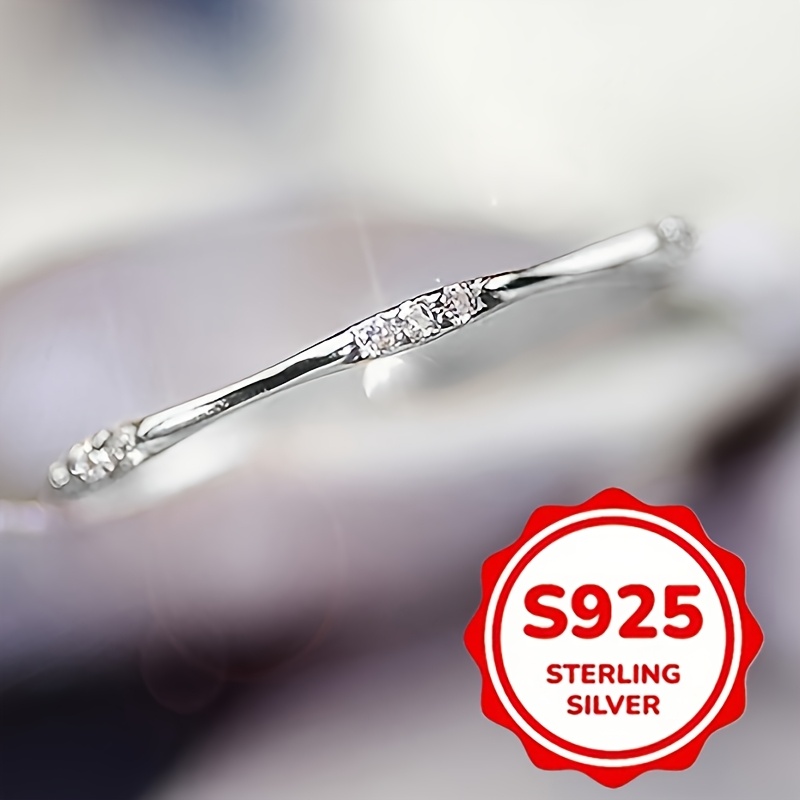 TEMU 925 Sterling Silver Thin Ring Inlaid Zirconia Women's Engagement Ring For Wedding Casual Wear Valentine's Day Gifts