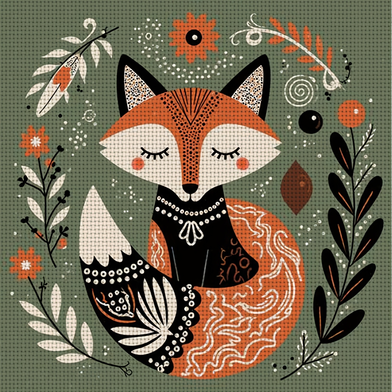 TEMU Kit de Broderie Croix DIY Imprimé 1pc, Cadre, Motif "Renard aux Yeux Fermés et Illustration Florale", Parfait pour de Loisir Relaxant des