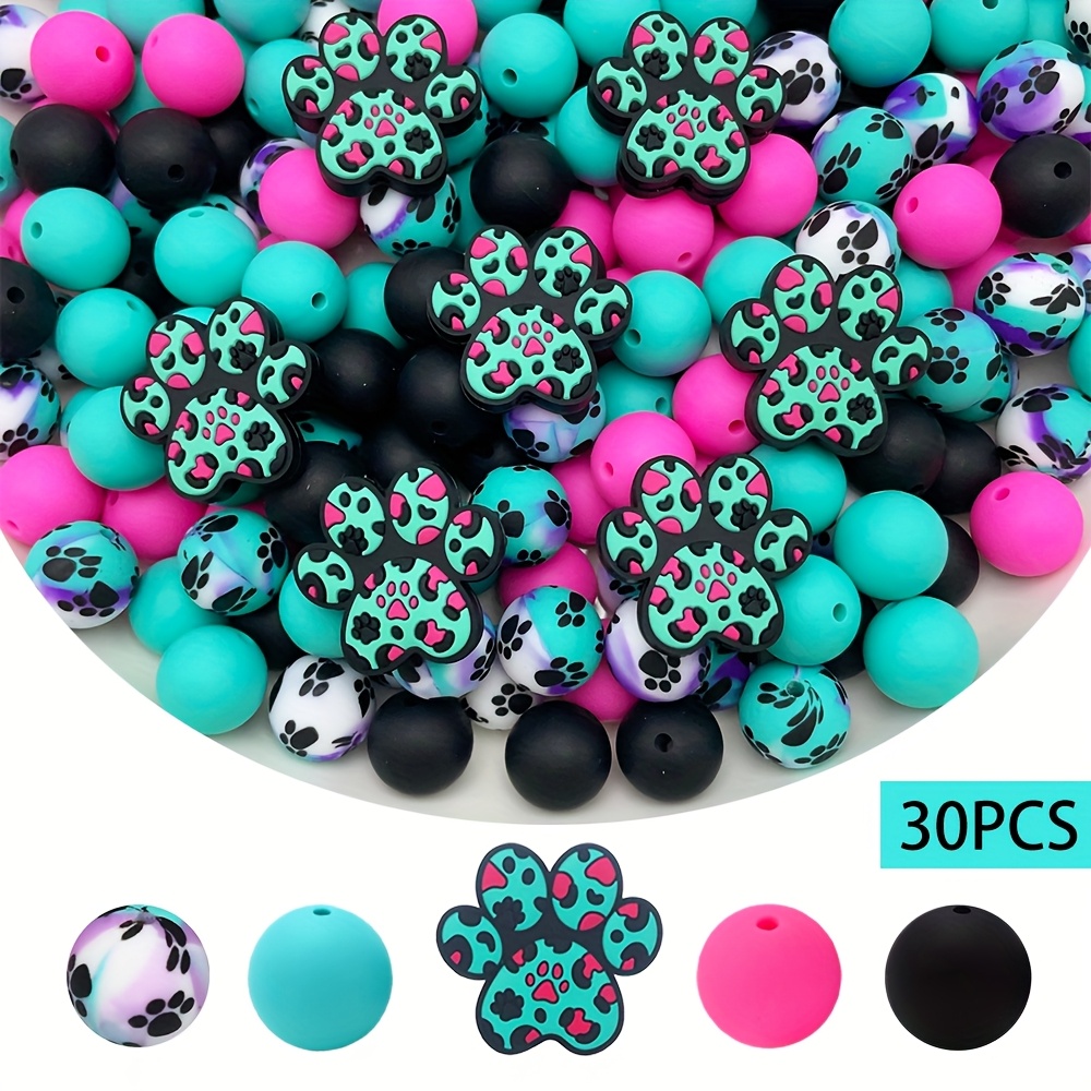 TEMU 30pcs Cute Animal Paw Print Silicone Beads - 4 Styles: Emerald Green, Gray, Pink, Brown - Perfect For , Necklaces, Bracelets, Keychains - Fun