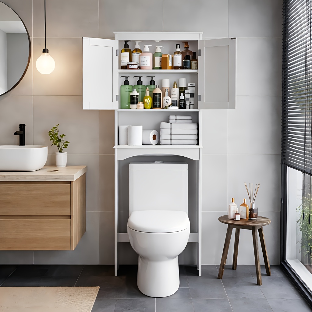 TEMU Over-the-toilet Storage Cabinet, Space-saving Bathroom Organizer With Double Door Shelves, Modern White Freestanding Toilet Storage With