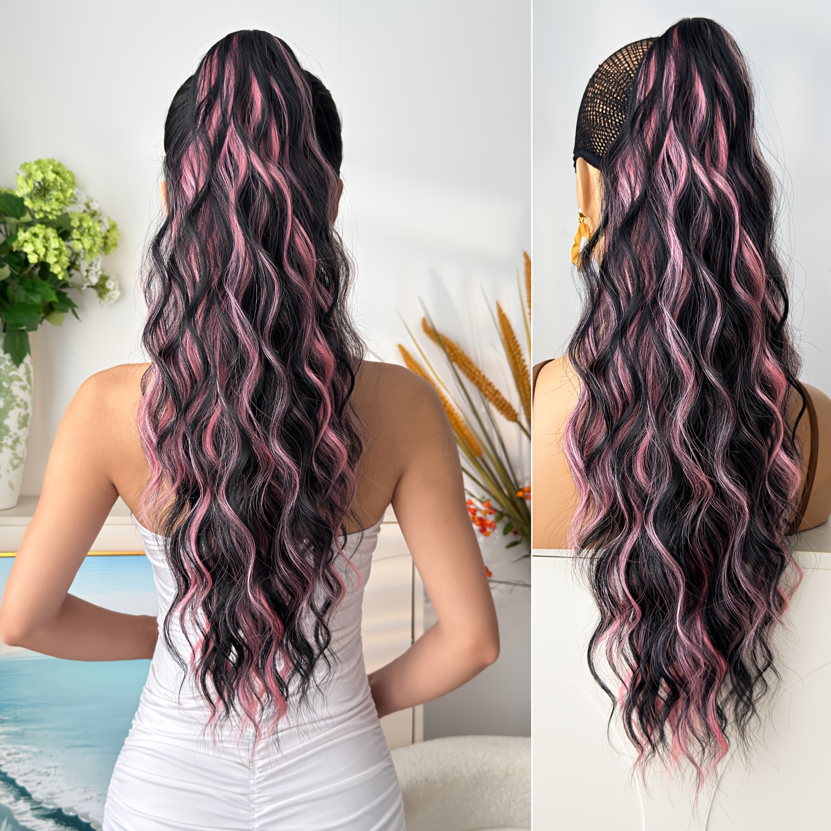 TEMU Extensión de coleta estilo garra marrón con múltiples colores, con un diseño de ondas de agua de 24 pulgadas de fibra sintética resistente al ,