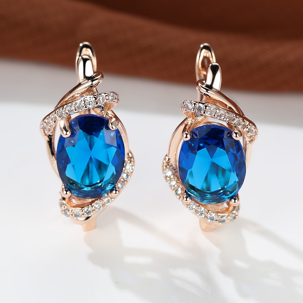 Women's Blue Oval Synthetic Zirconia Inlaid Earrings, Elegant & Classic