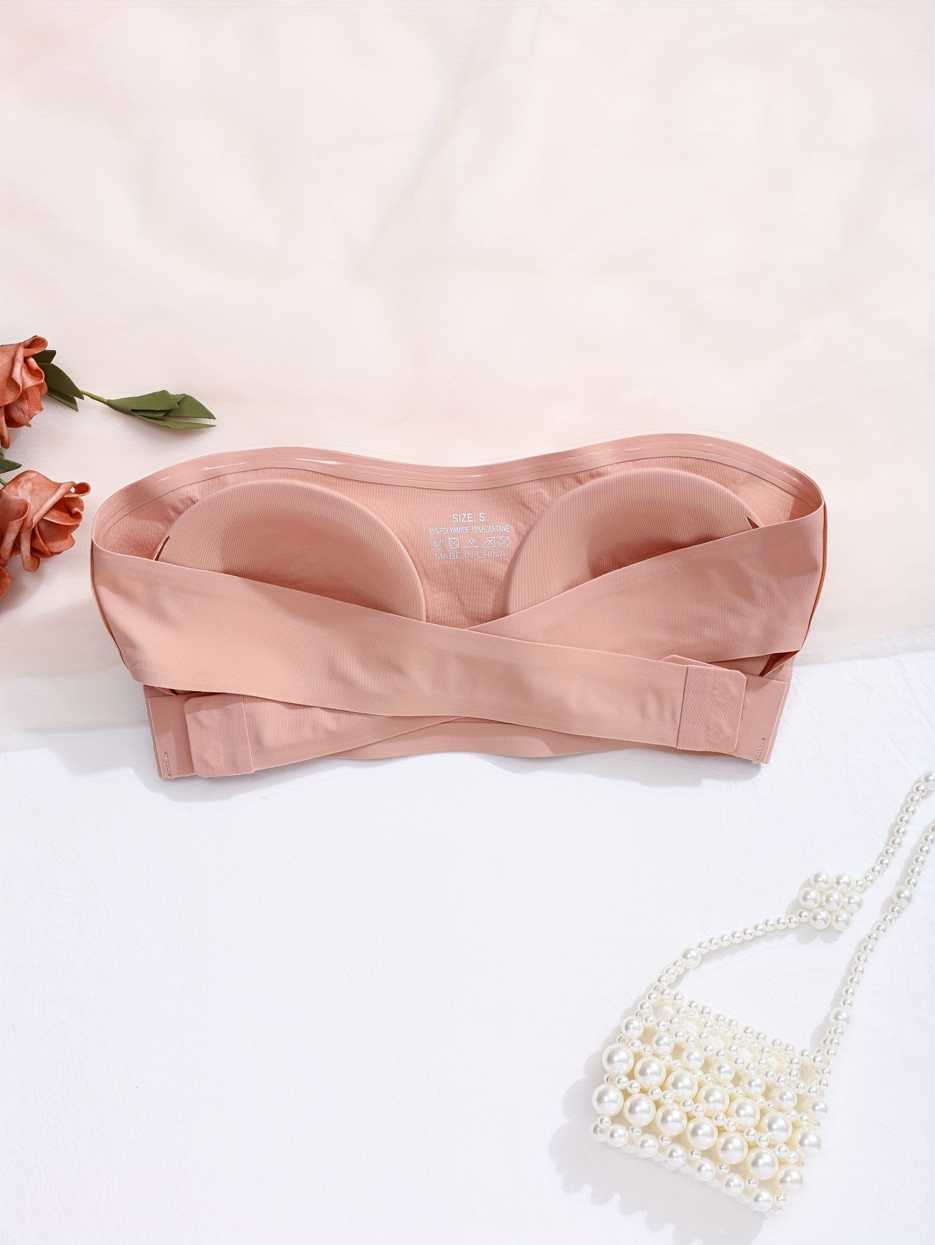 Women's Seamless Solid Color Strapless Bandeau Bra with Side Clasp - Casual Style, Knit Fabric, Polyamide Blend (85% Polyamide, 15% Elastane), Removable Padding, High Support Wireless Design for Adults