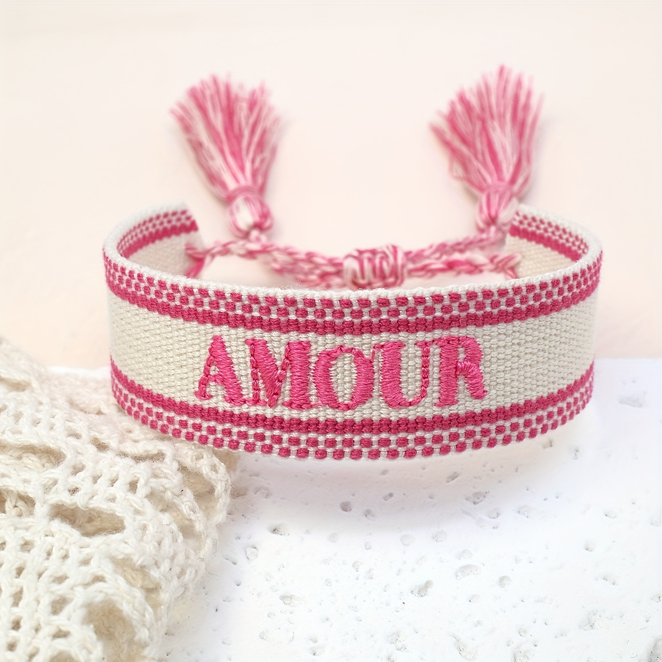 A Handcrafted Vintage-style Bracelet Featuring Embroidered French '' With Trendy Tassels, Perfect As A Gift For Or Couples