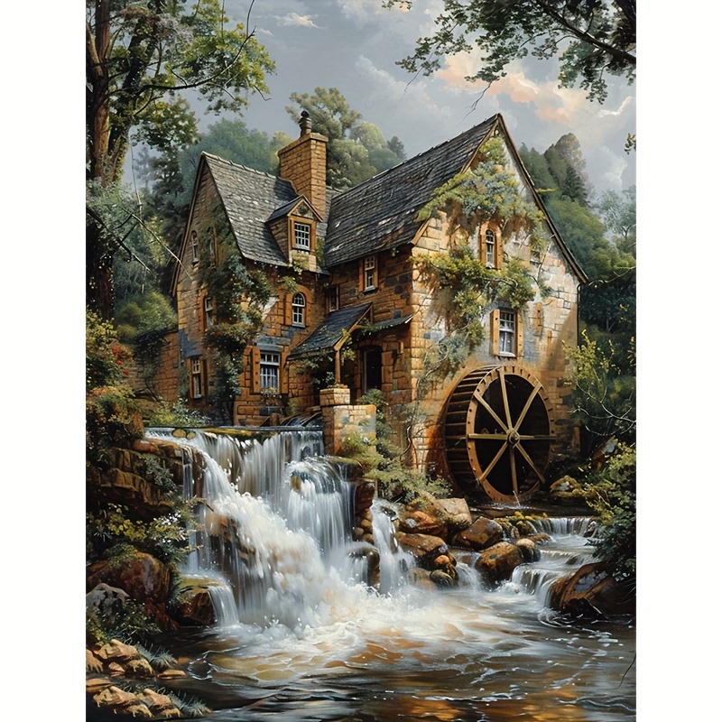 

5d Diamond Painting Kit Waterfall Mill Scenic Landscape - Round Diamond Full Drill Canvas, Diy Mosaic Art Wall Decor For Living Room Bedroom, Craft Gift Set For Adults Beginners, 30x40cm