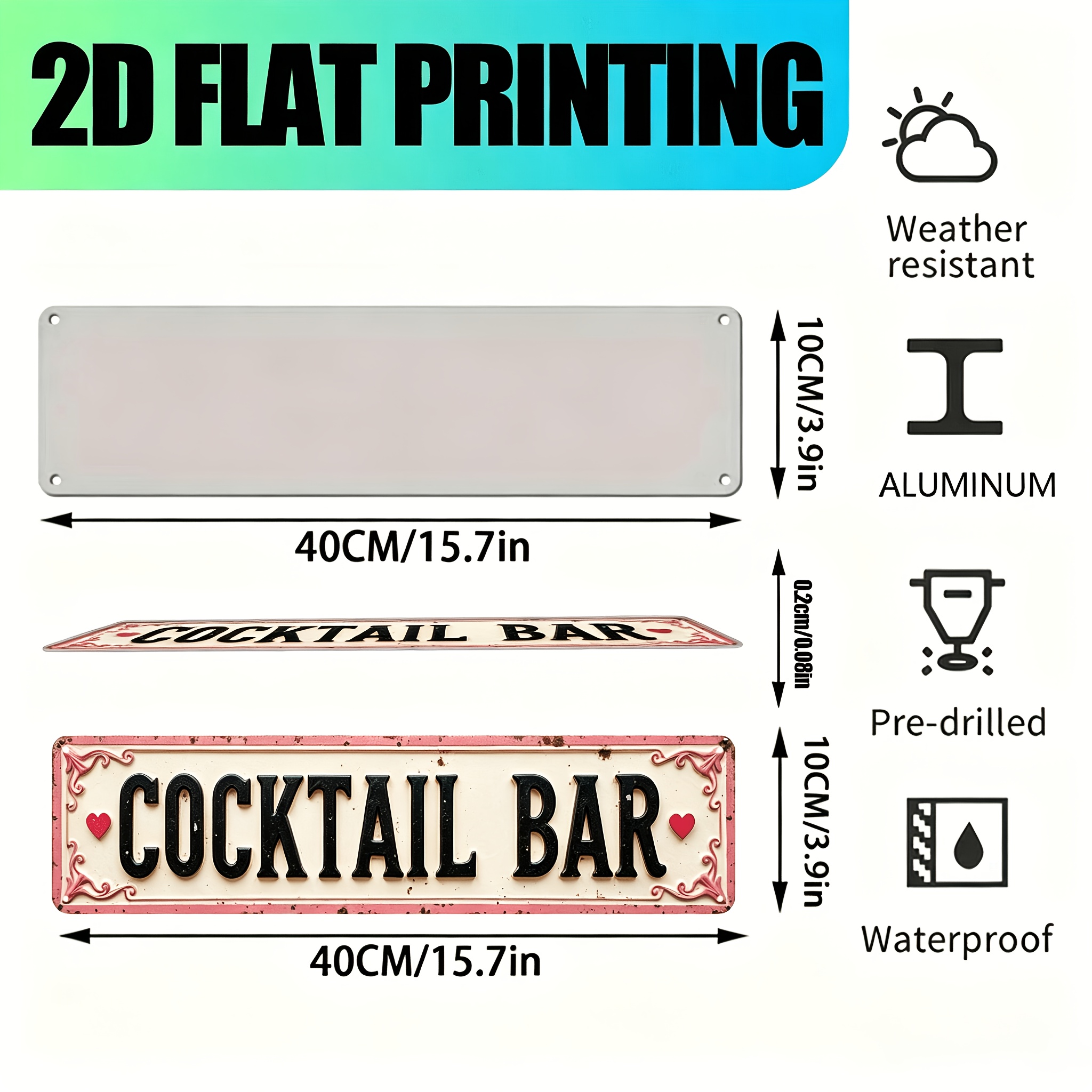 TEMU 2d Flat - 1pc Vintage Rustic "cocktail Bar" Sign - Distressed Aluminum Metal Wall Art With Ornate Scrollwork & Heart Accents, 40.64x10.16 Cm