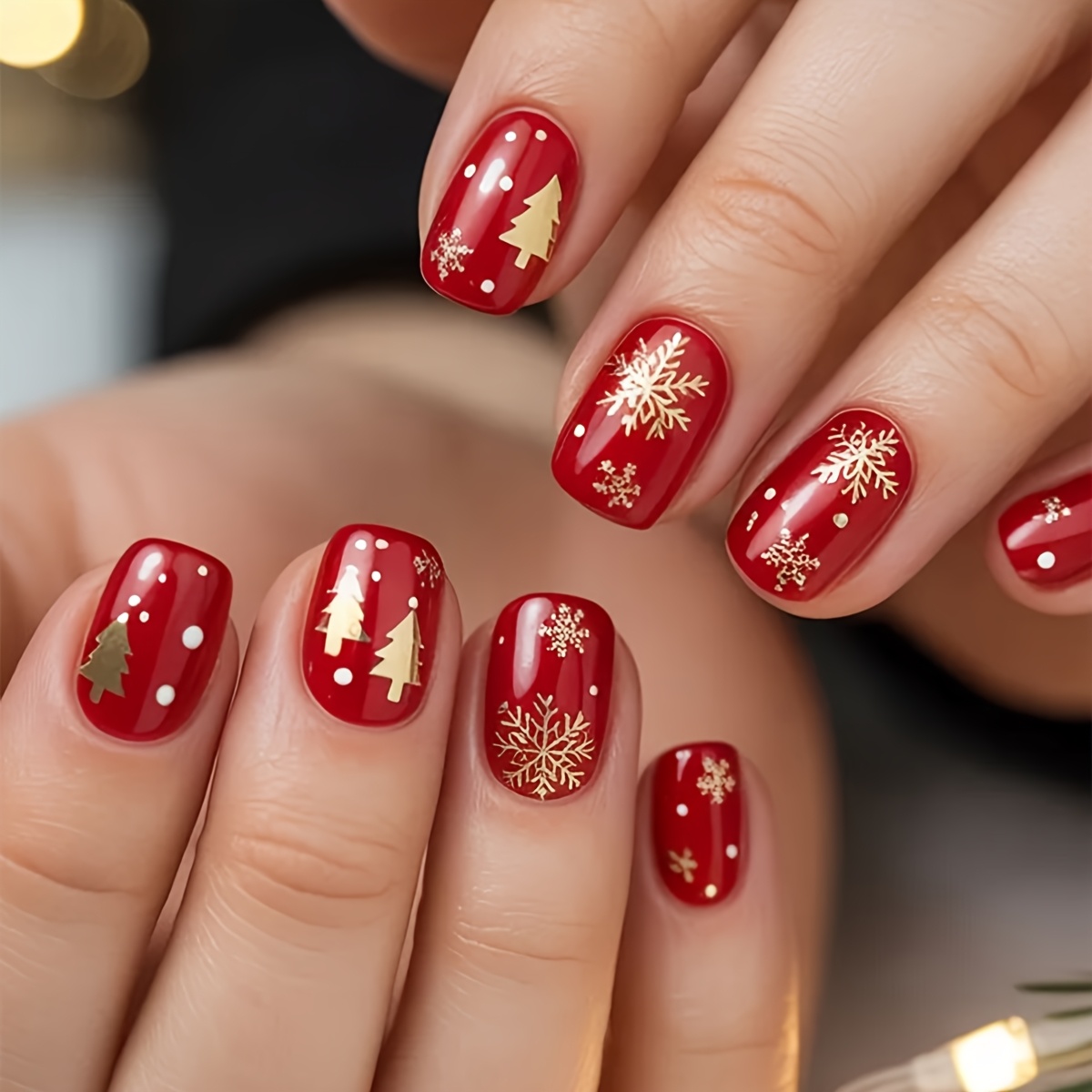 TEMU 24pcs Christmas Nail Stickers, Short Square Shape, Red With Golden Christmas Tree, Polka Dot, And Snowflake , Glossy Full Coverage Press-on