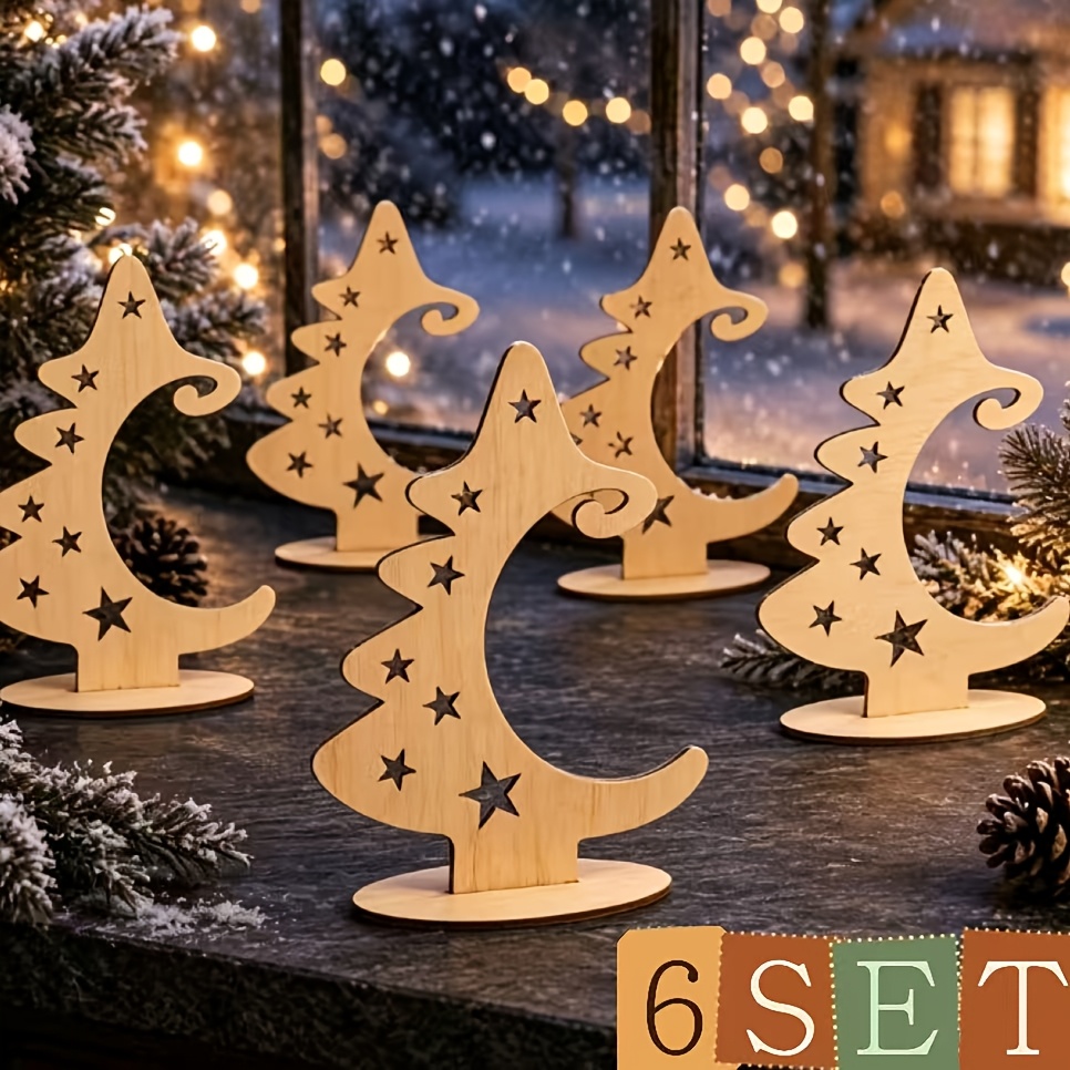 TEMU 6pcs Christmas Tree-shaped Wooden Ornament Set With Exquisite Star-shaped Cut-out Patterns, For Diy Painting And Customization. Create Your Own