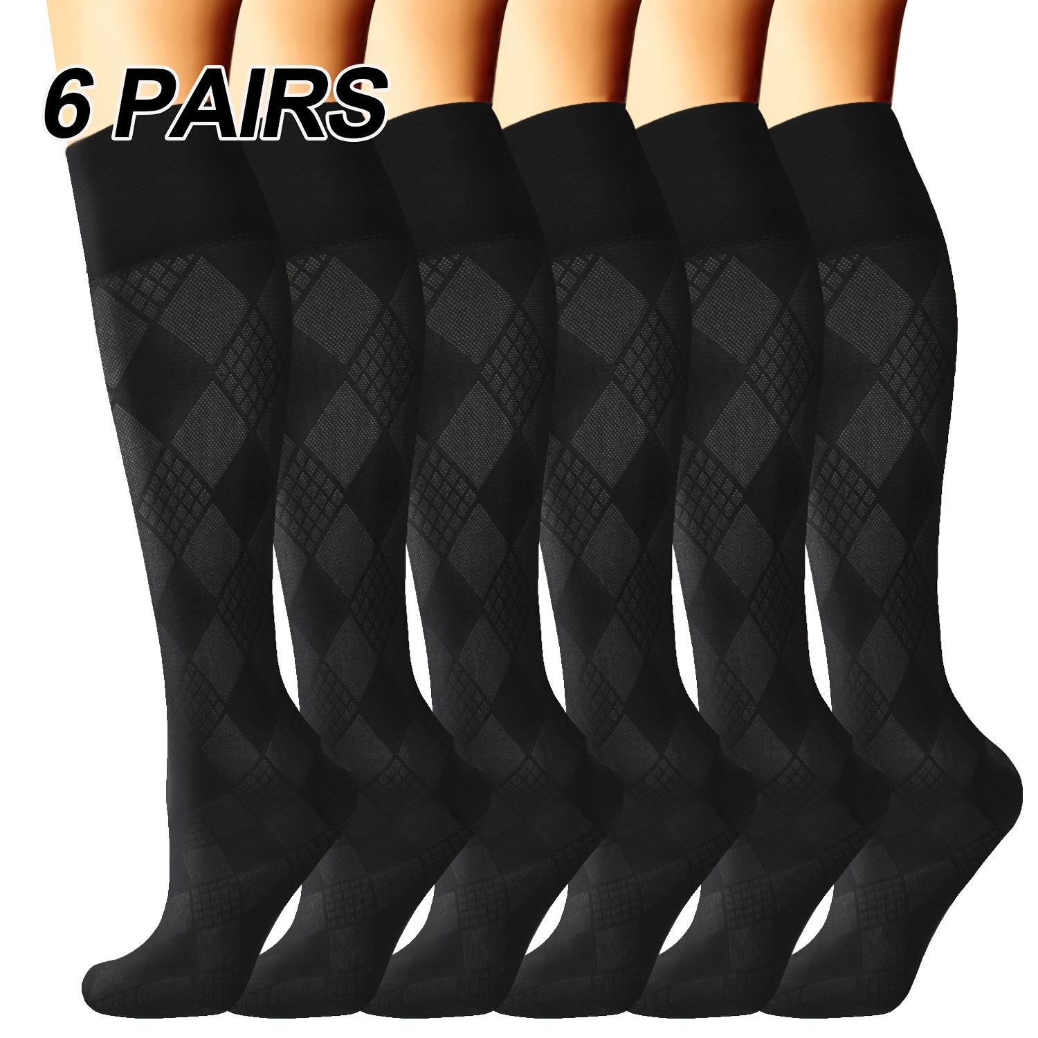 6-pack Women'-soft Argyle Jacquard Knee-high Compression Socks - Elegant Support, Classic Patterns, Options, Machine Washable For & Style, Knee High Socks, Versatile , Stretchy Fabric Socks