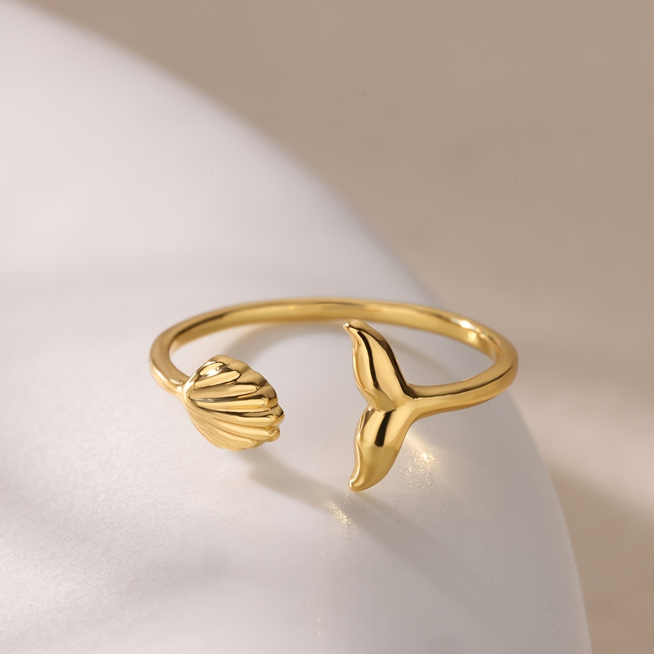 Image of 1pc Elegant Golden Stainless Steel Shell Opening Ring, Suitable For Daily And Vacation Wear, Perfect For Ladies' Gifts