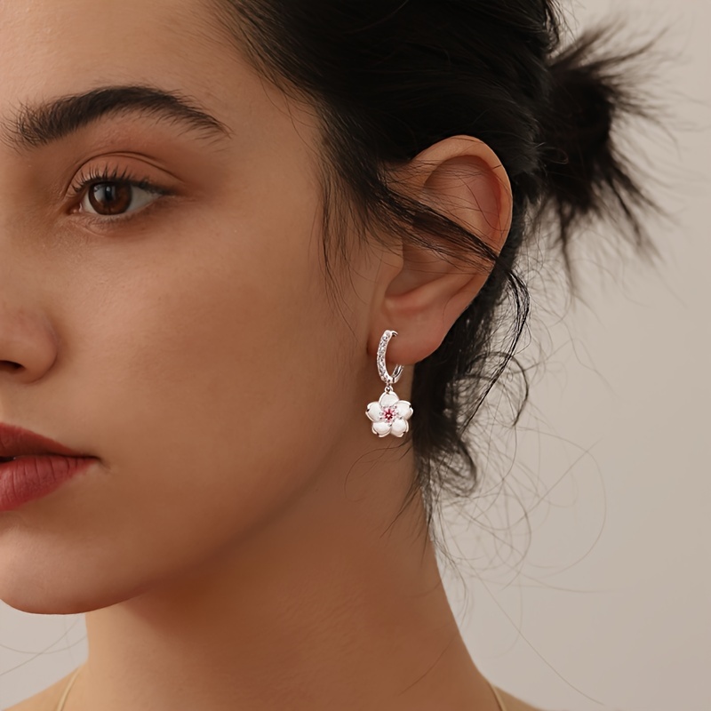 S925 Pink CZ Cherry Blossoms Necklace and Hoop Earrings Set