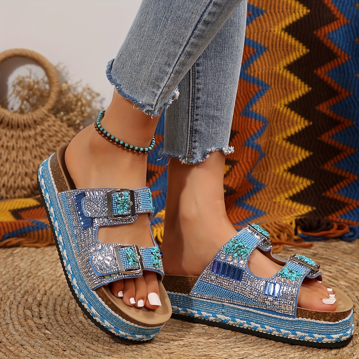 womens platform slide sandals with   embellished buckles slip on open toe summer wedge sandals synthetic cover pu sole for beach vacations casual   strappy sandals beach vacation shoes durable   insole details 4