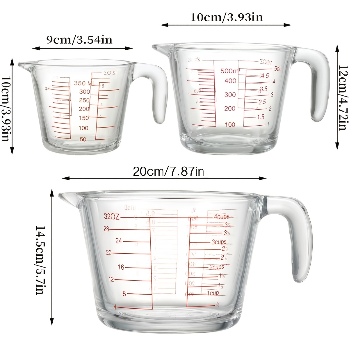 TEMU 3pcs Glass Measuring Cup Set (10.14 Oz, 16.91 Oz, 33.81 Oz) Food-grade Measuring Cups - Suitable For Microwave/oven, Ideal For Home Baking,