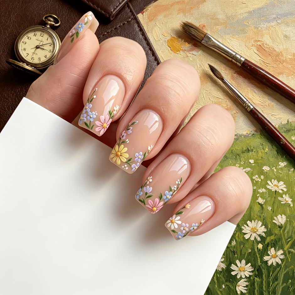 TEMU Nude handgeschilderde kleurrijke kleine madeliefjes bloemen nagelstickers, zachte lente stijl lange trapeziumvormige druk-op nagels