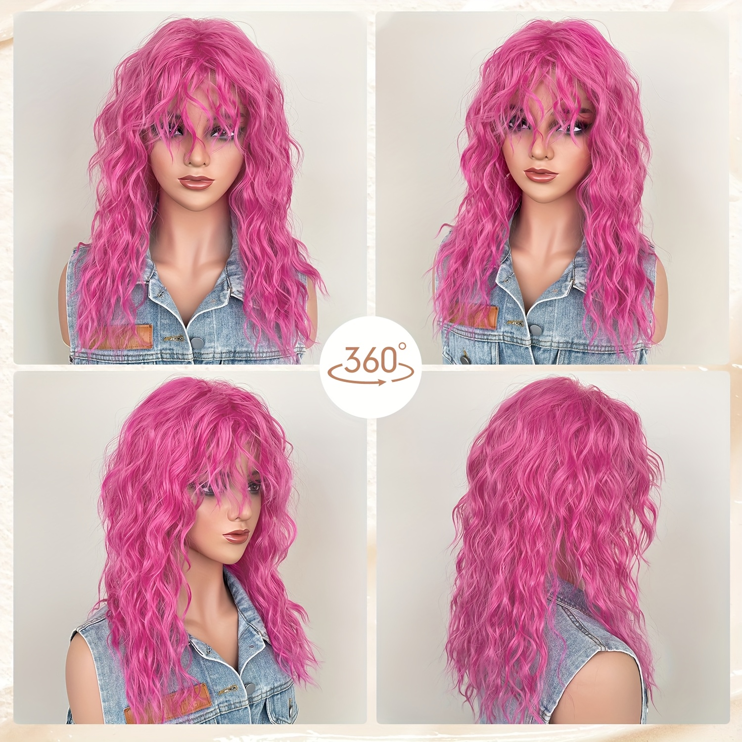 womens rose pink wig long curly wig bangs 18 inch curls  display picture 2