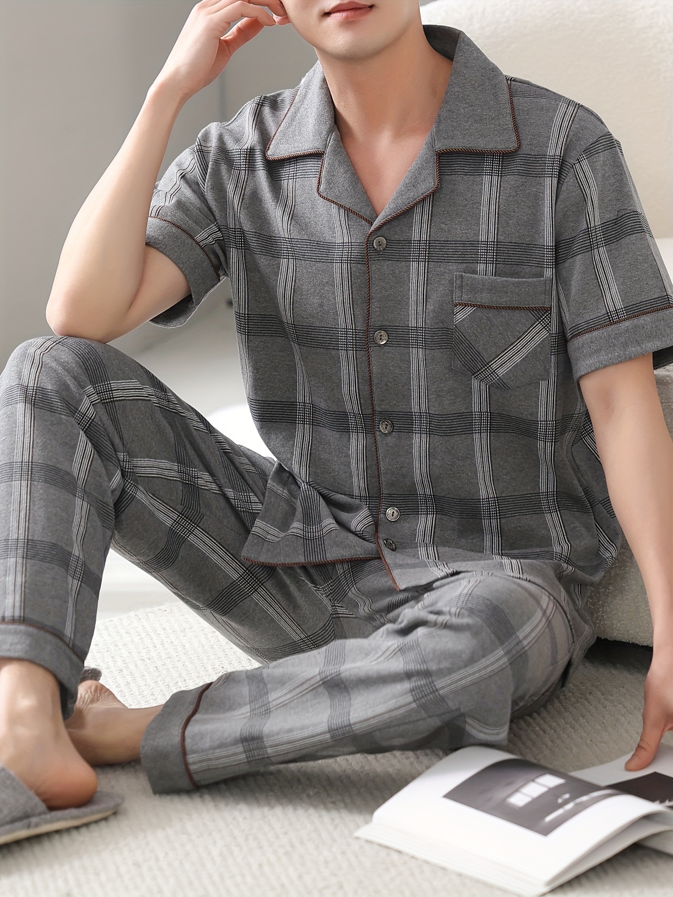 Men's Cotton Pajama Set - Lightweight, Breathable Summer Sleepwear with Short Sleeve Button-Up Top & Long Pants, Plus Size Available