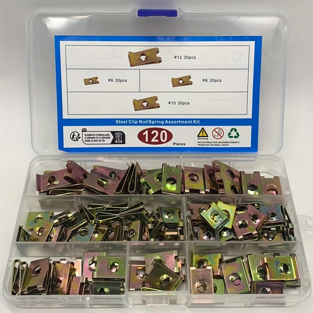 E-shop 120-teiliges Stahlclip-Mutter/Feder-Sortiment-Set, U-Mutter Schnellverschlüsse für die Installation von Automobil- und Motorradverkleidungen,