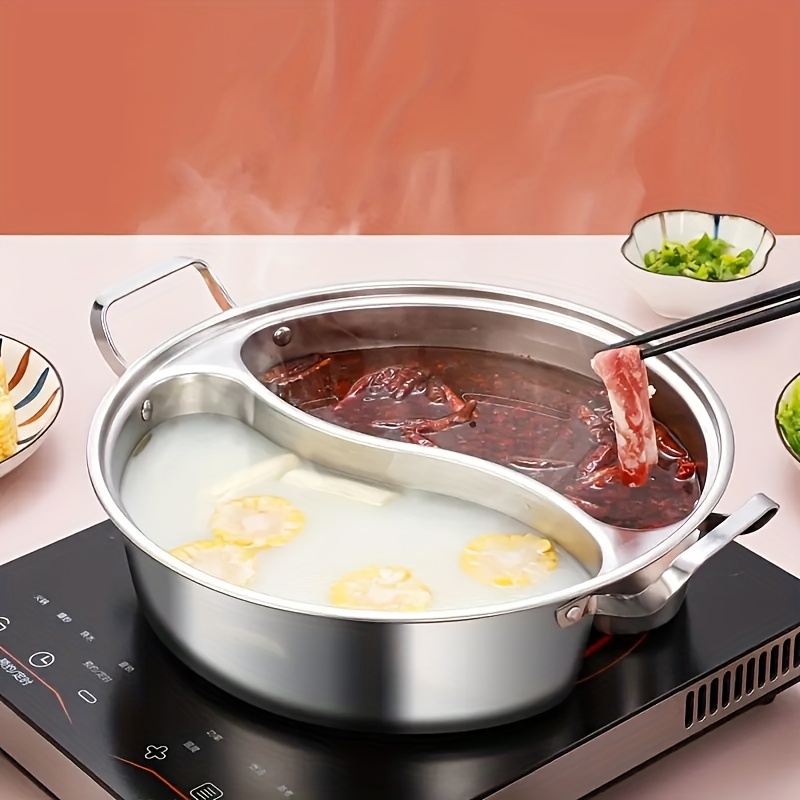 Image of 1pc 32cm Stainless Steel Double Compartment Hot Pot, Thickened Double Ear Soup Pot, Yin And Yang Design, Split With Divider, With Thickened Glass Lid, Suitable For Home Kitchen, Cooking