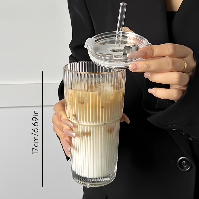 600ml striped glass cup with lid straw large capacity for coffee tea iced milk americano and latte durable stylish beverage glass coffee cup americano drinkware elegant drinkware natural drinkware Product details 2