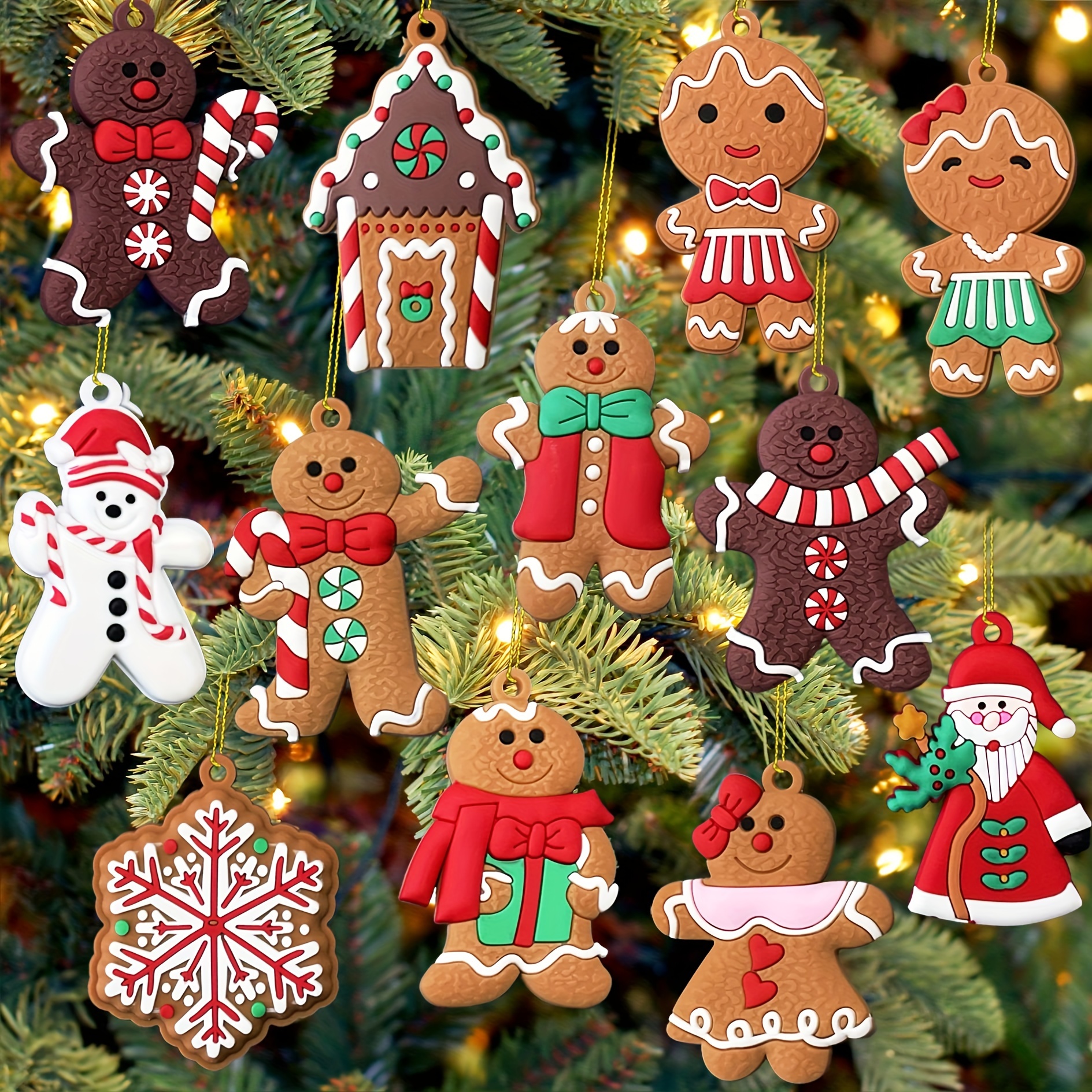 

Vintage Style 12-piece Christmas Tree Topper Set - Plastic Figurines & Ornaments With Santa, Snowman, Gingerbread, Candy Cane - No Battery Needed - Tree Decor For Hanging & Party