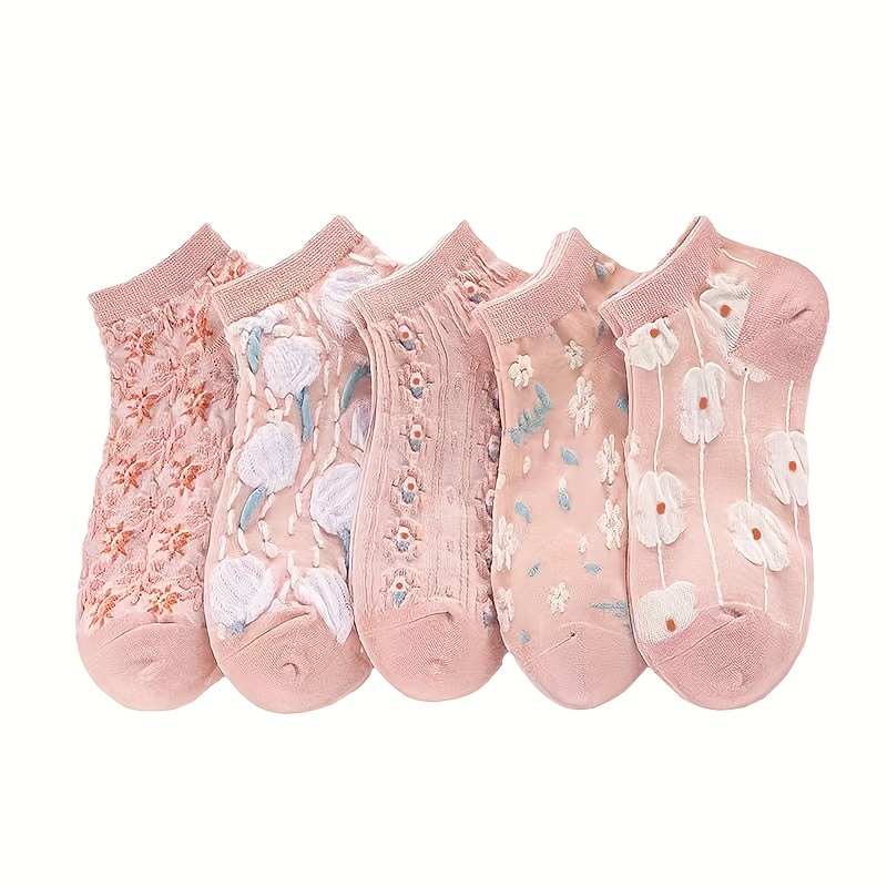 TEMU 5 Pairs Floral Print Socks, Comfy & Cute Low Cut Ankle Socks, Women's Stockings & Hosiery