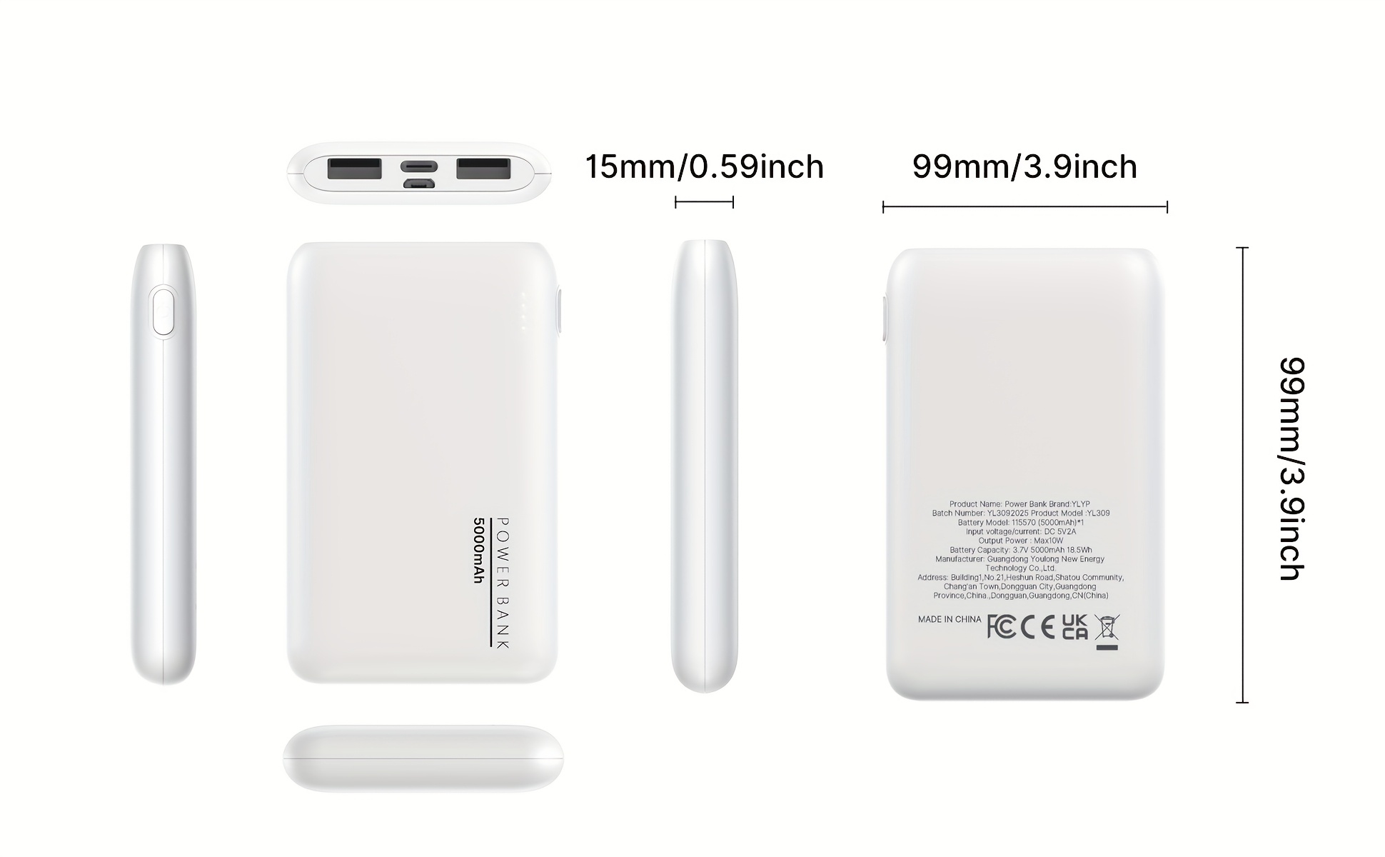 Batterie Externe Ultra-Mince 5000mAh, Chargeur Portable avec Double Sorties USB & Câble Type-C, Sauvegarde de Charge 5V2A pour iPhone et Téléphones for Samsung Android, Urgence Voyage en Plein Air, Cadeaux de Vacances (Léger & Compact)