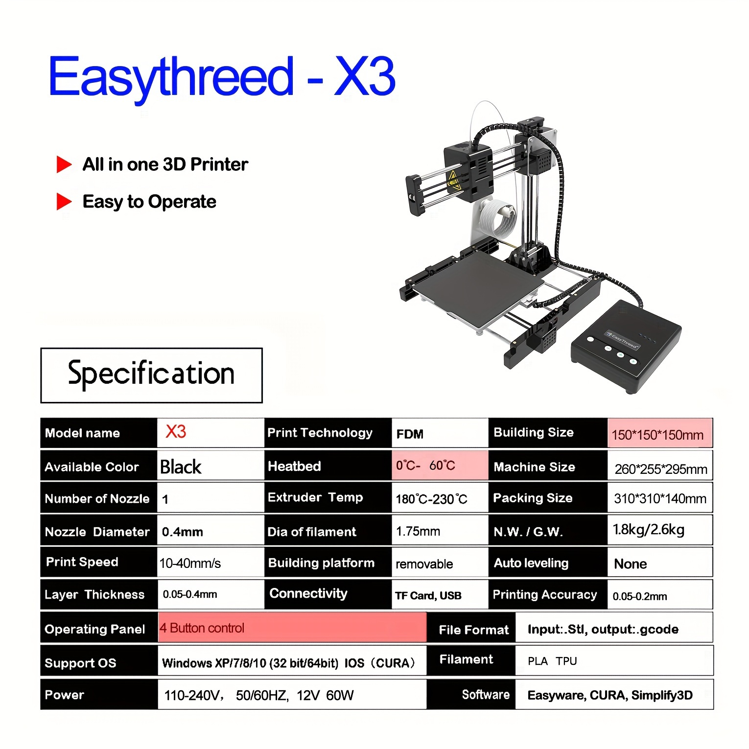 初心者向けのEasyThreed 3DプリンターX3。加熱ベッドと低騒音で PLAや