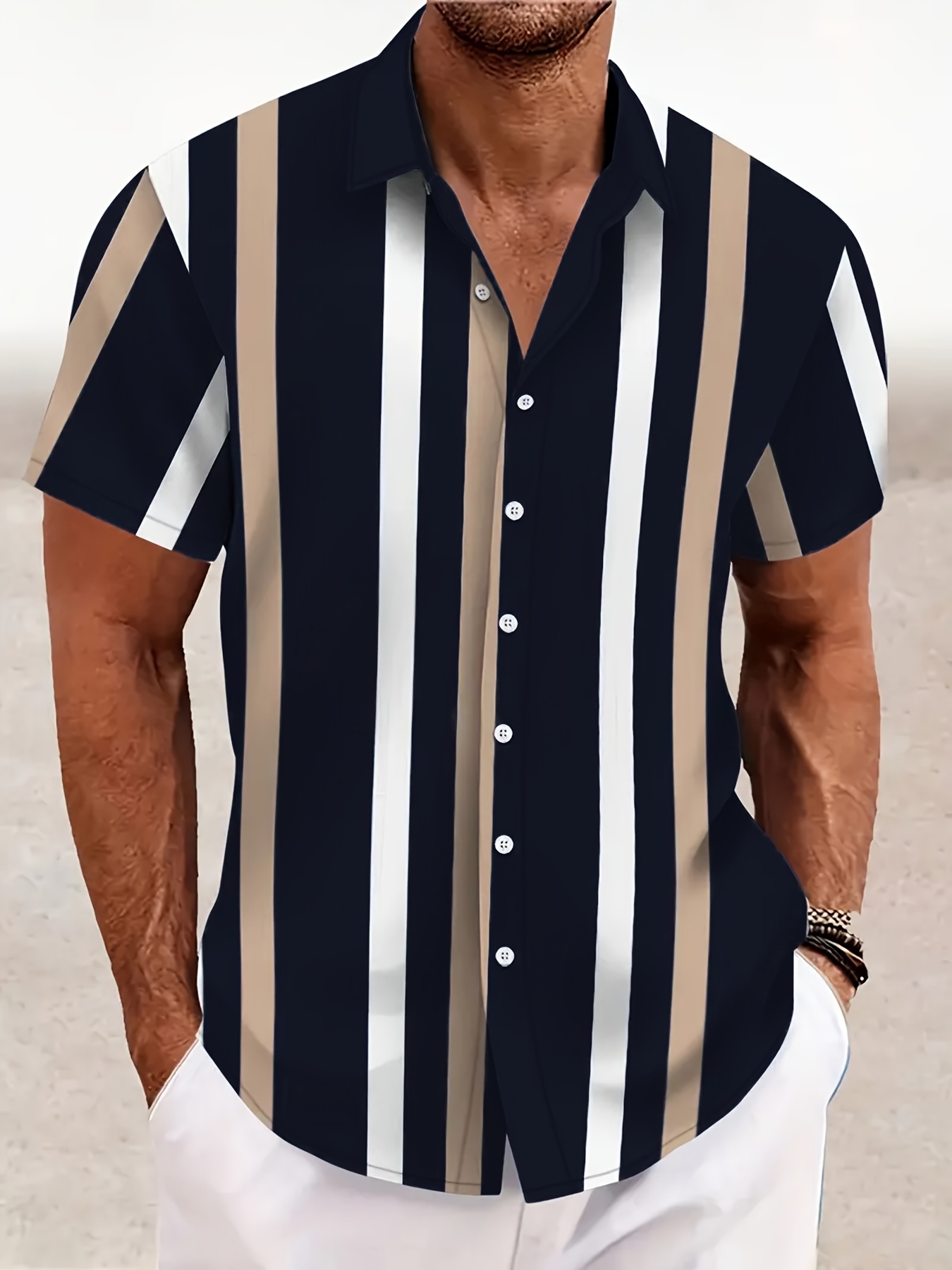 camisa hawaiana hombre rayas negras beige Temu Uruguay