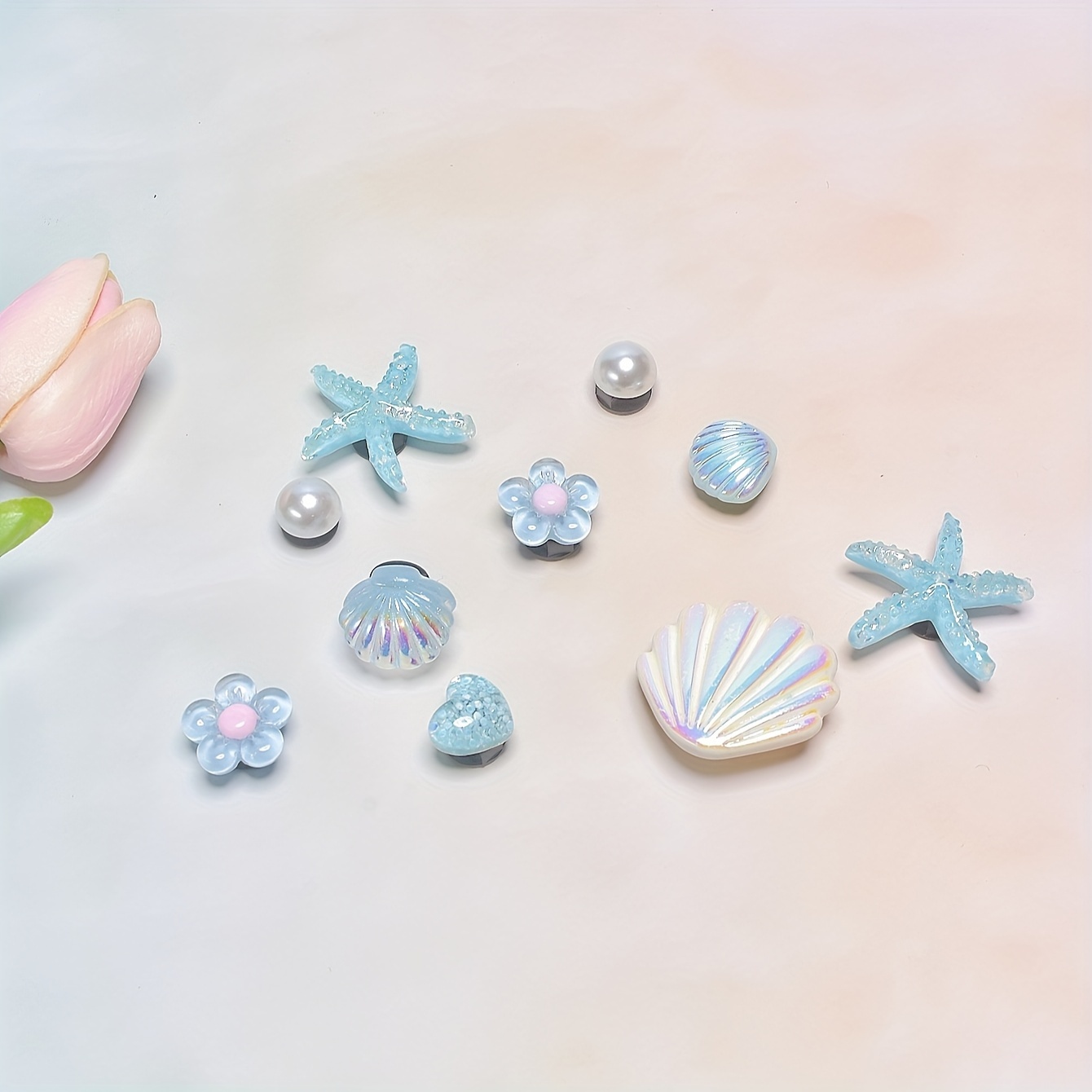 10pcs Blue Starfish And Large Shell Diy Accessory Set, Suitable For Clogs And Sandals, Holiday Gift