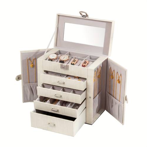 large jewelry tier pu leather jewelry organizer with lock multi functional storage case with mirror jewelry organizer for bracelets earrings rings necklaces mothers day jewelry boxes