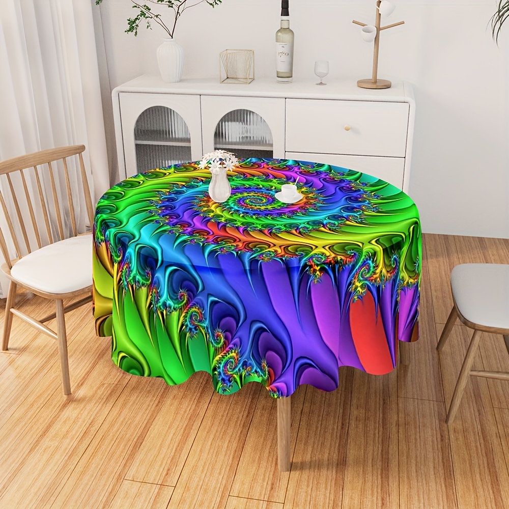 Image of 1pc Of Round Polyester Tablecloth Featuring A Colorful Vortex Mandala Design, Suitable For Uses Such As Table Covering, Room Curtains, And Picnic Mats For Outdoor Gatherings