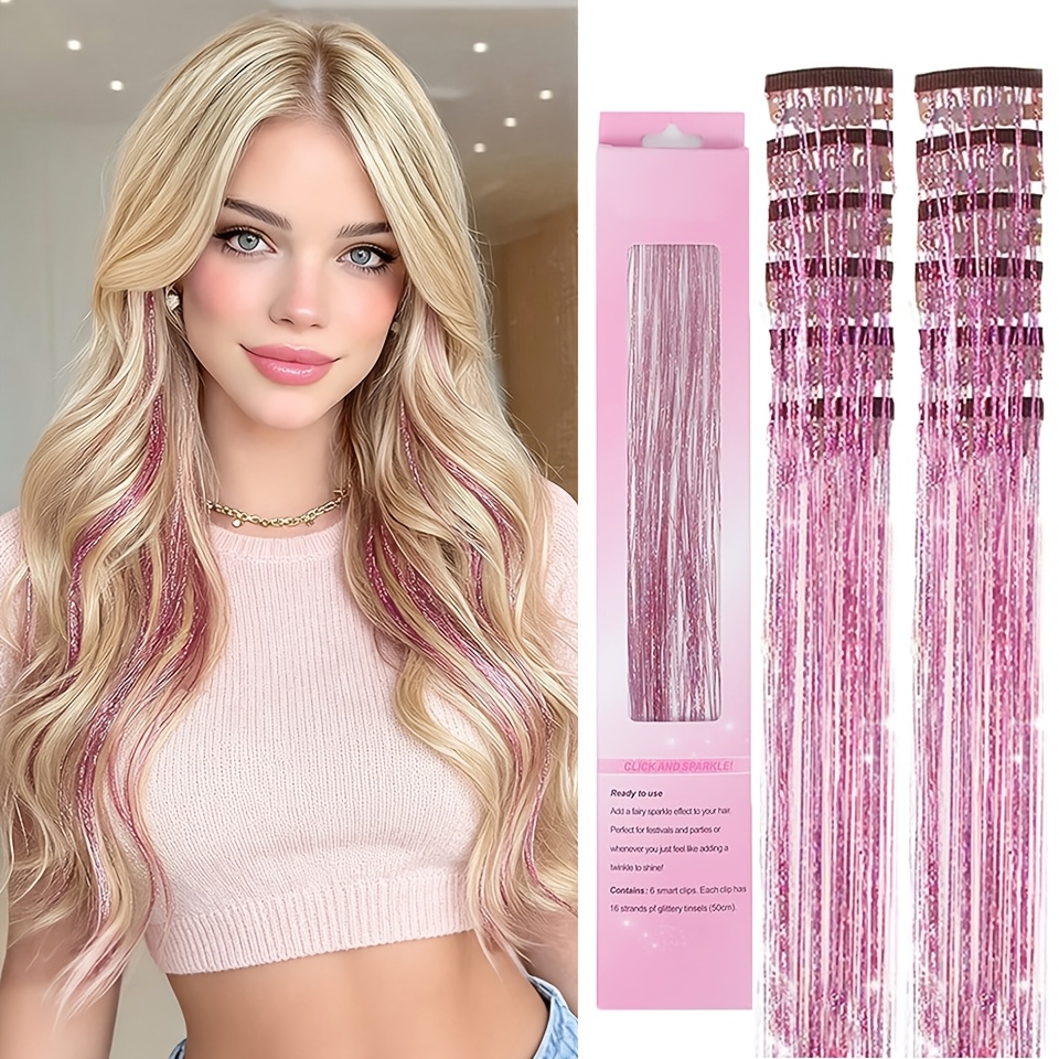 TEMU Hair Tinsel Pack Of 12pcs Colorful Glitter Hair Accessories Clip In Hair Tinsel Extensions Synthetic Hair Accessories For Women, Suitable For