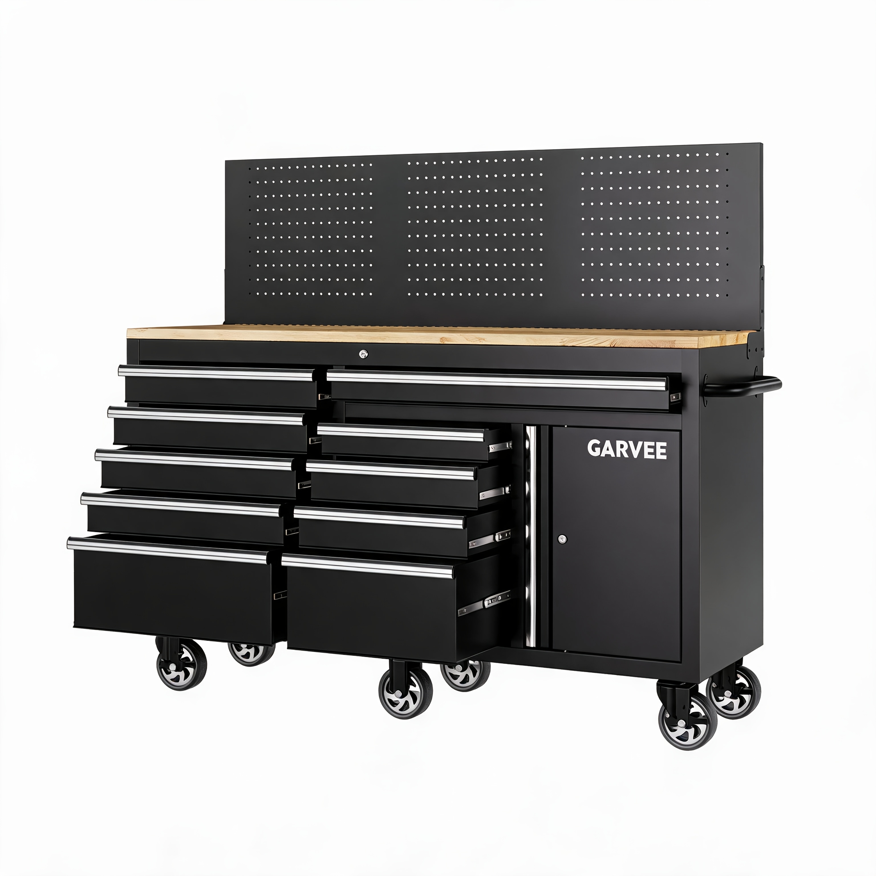 60 inch heavy duty rolling toolbox cabinet black mobile garage workbench with 10 storage drawers nail board panel safety lock and rolling tool storage with lockable casters