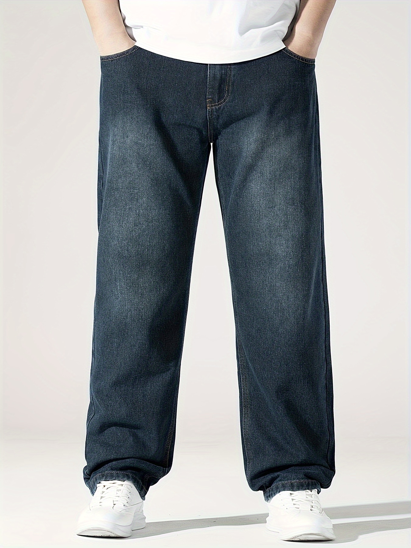 Plus Size Men's Straight Leg Jeans, Loose Solid Casual Trendy Denim Long  Pants All-match