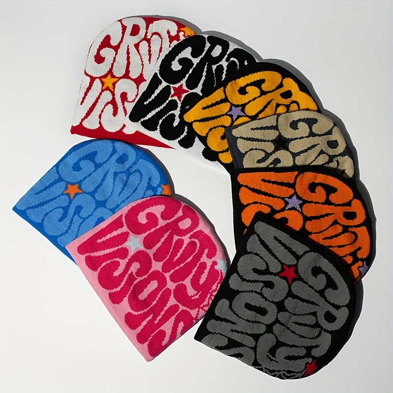 

Vision" Letter Print Beanie - Stretchy, Lightweight Knit Cap In Mixed Colors, Fall/winter & Halloween, Hand Washable