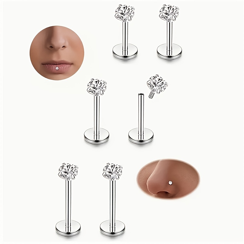 E-shop 6-teiliges Piercing-Set aus Edelstahl mit kubischen synthetischen Zirkon-Steckern, Lippen, Nasen- und Ohrstecker in 3 Größen (6 mm/8 mm/10 mm),