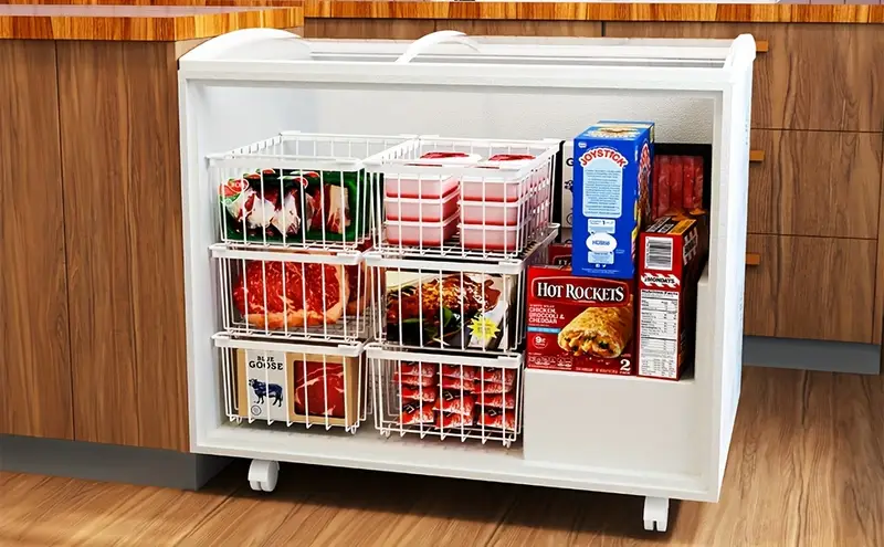 Kühlschrank-Hängekorb für Lebensmittelgeschäfte, Innenregal der Kühltasche, Nettbeutel-Korb für Lebensmittel, Eiscreme-Aufbewahrungsgestell, Hängekorbbefestigung, Trennrahmen