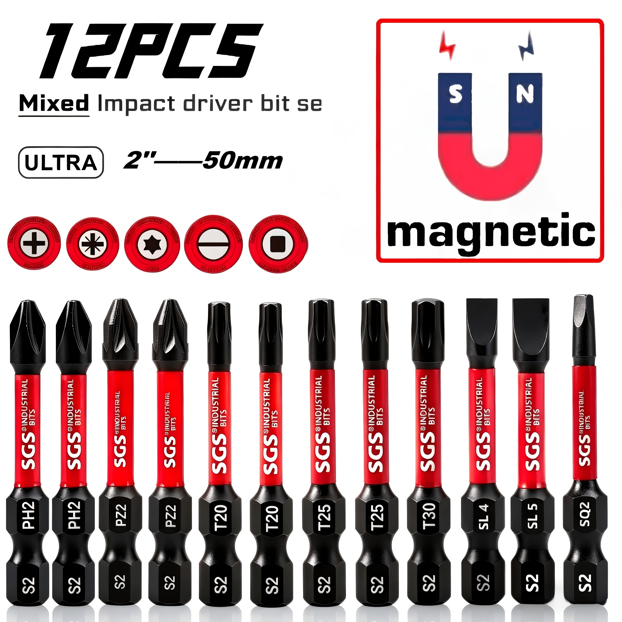 TEMU Multi-functional Family Bucket! Impact Screwdriver Bit Set, 50mm S2 Steel Magnetic Star Bit, Electric Drill Drive Bit With Bit Holder, 1/4 Inch