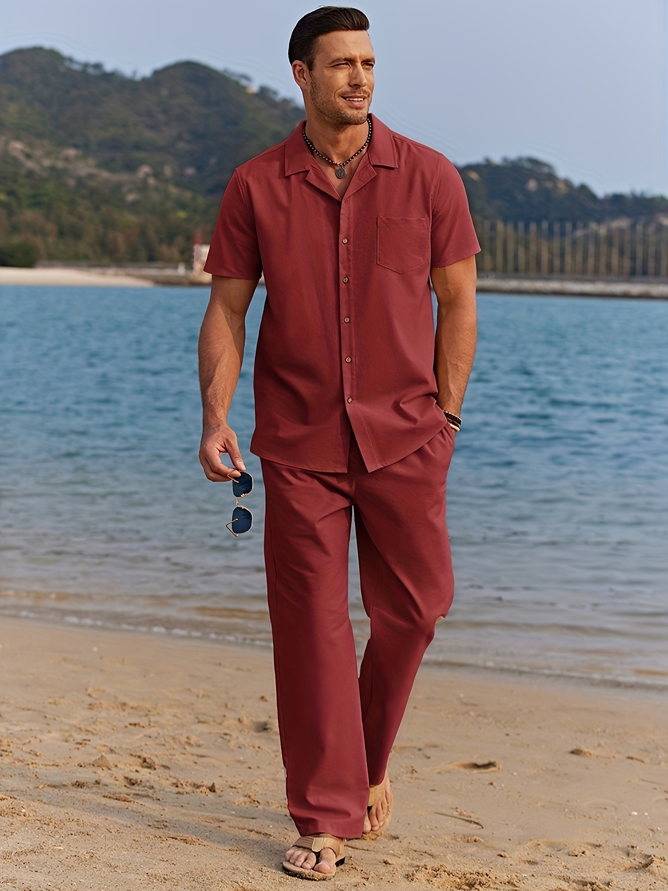 men 2pcs linen outfit beach button shirt casual loose pant Temu