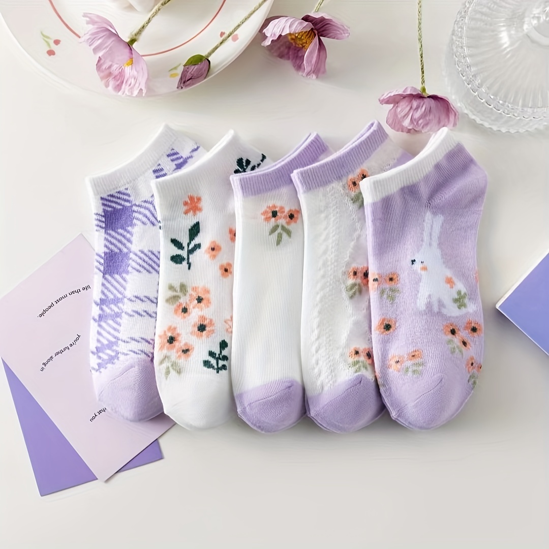

5 Pairs Floral Print Socks, Sweet & Lightweight Short Socks, Women's Stockings & Hosiery