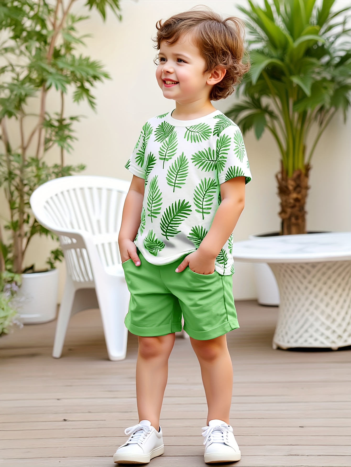 2pcs set of boys' clothing, summer short-sleeved round-neck T-shirt with leaf print and boy's fashionable shorts for summer outings, Perfect for Outdoor