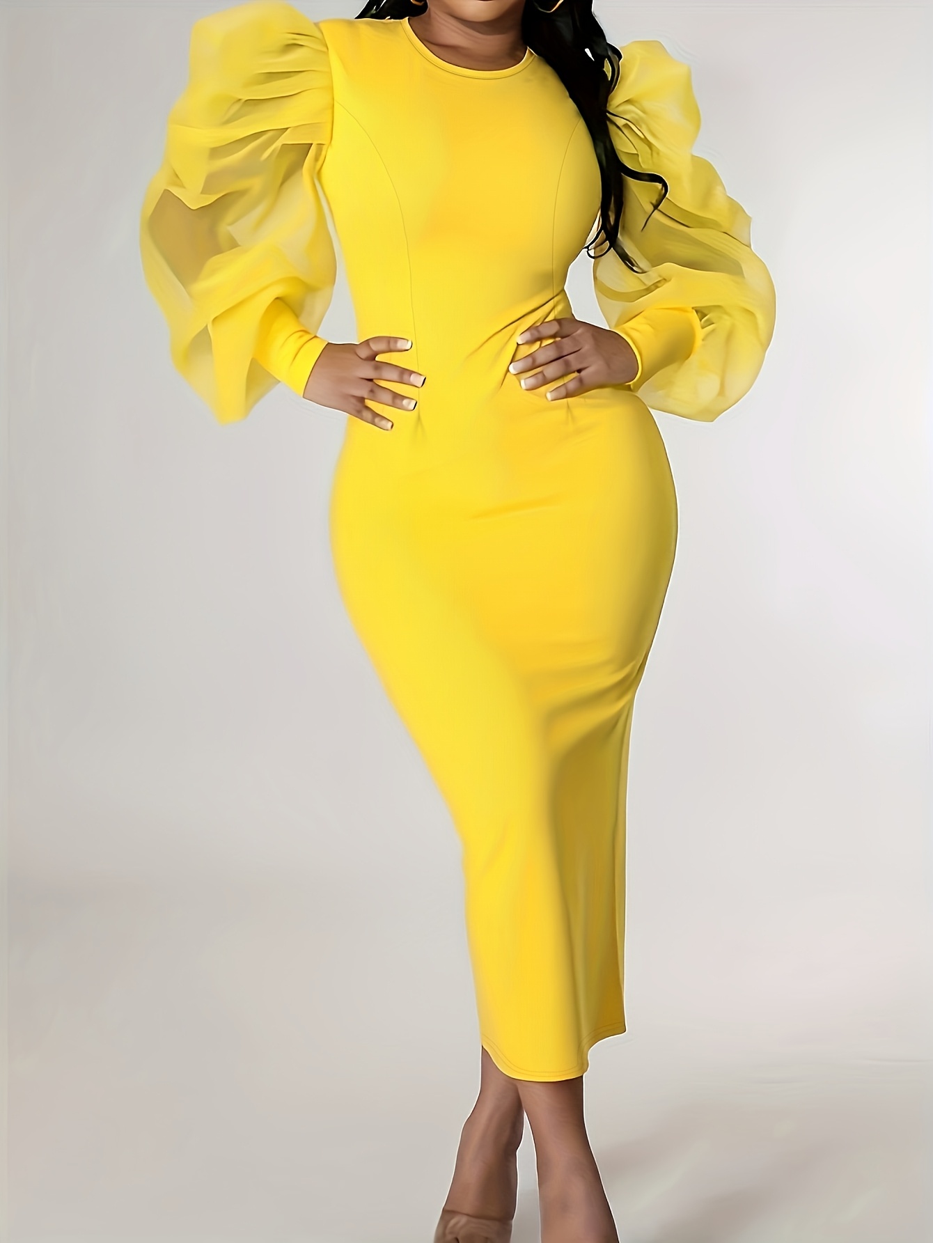 yellow bodycon dress long sleeve Feelingirl Built In Shapewear Dress