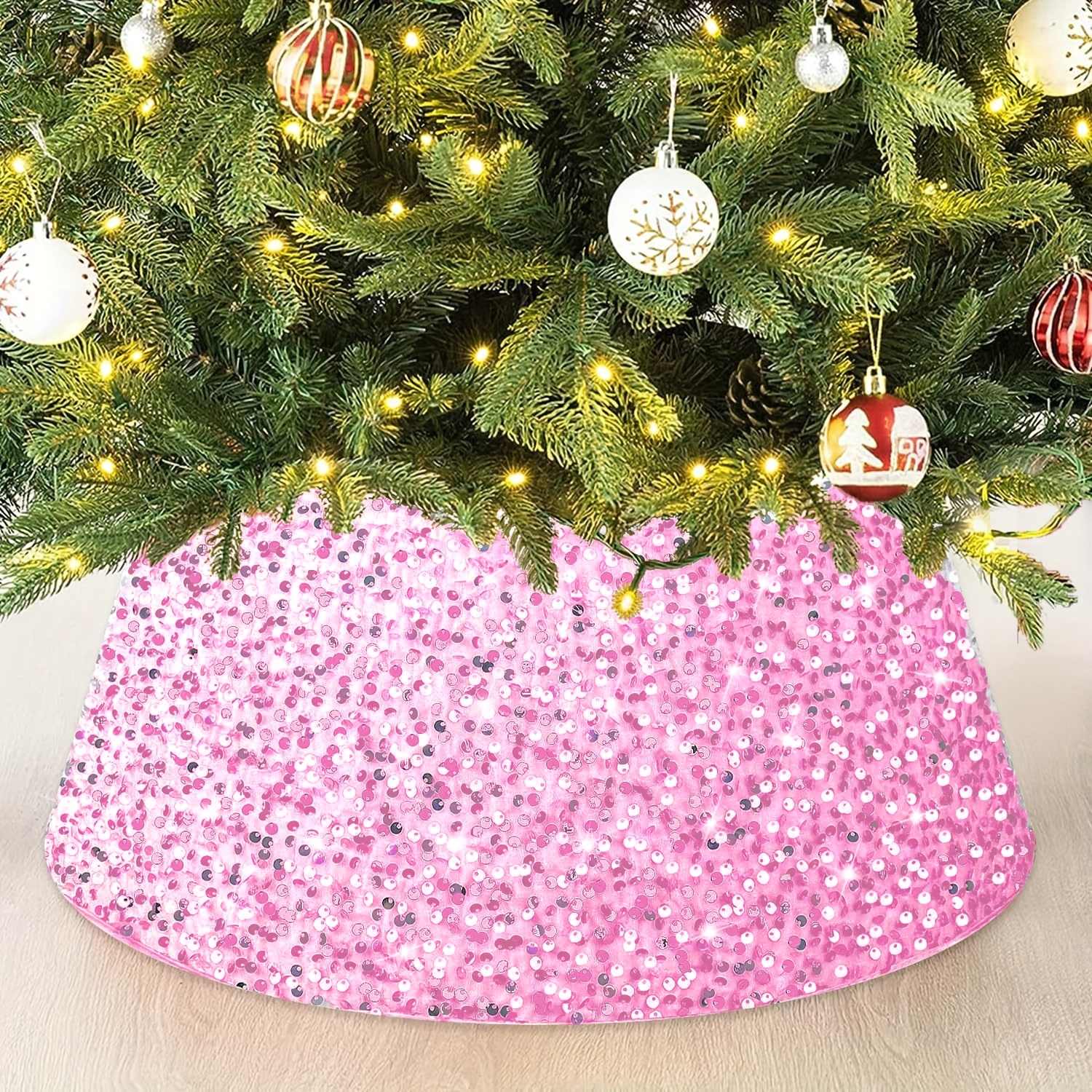 TEMU 1pc Décoration de fond d'arbre de Noël, Tablier d'arbre de Noël doré argenté rouge et blanc, Jupe d'arbre à paillettes de de Noël - Rangement