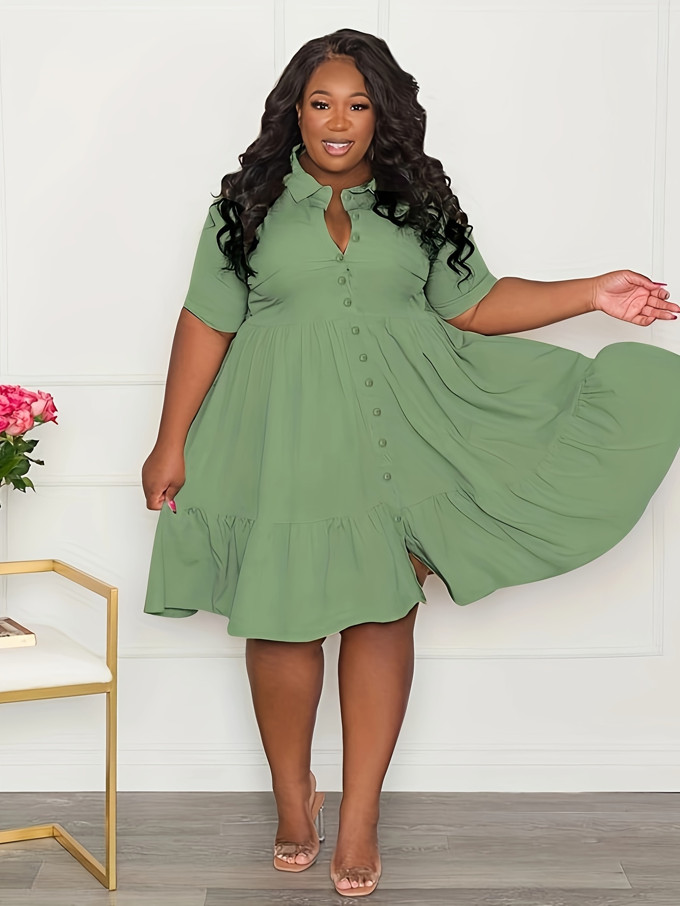 Plus Size Solid Short Sleeve Shirt Dress Women s Plus Elegant Button Front Midi Dress